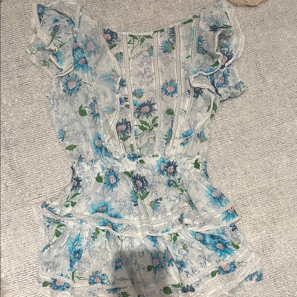 LoveShackFancy Blue and Green Floral Lace Dress Natasha upcycled cotton dress